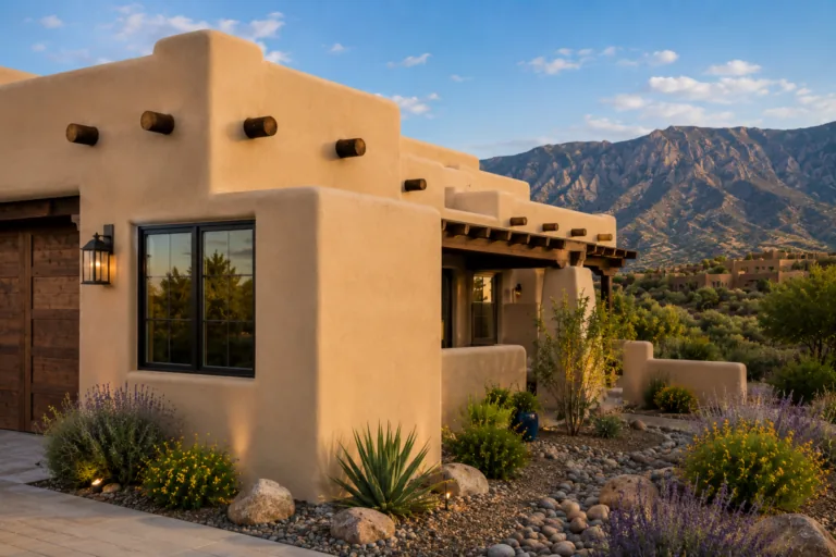 Warm stucco exterior of a New Mexico-style home with mountains beyond